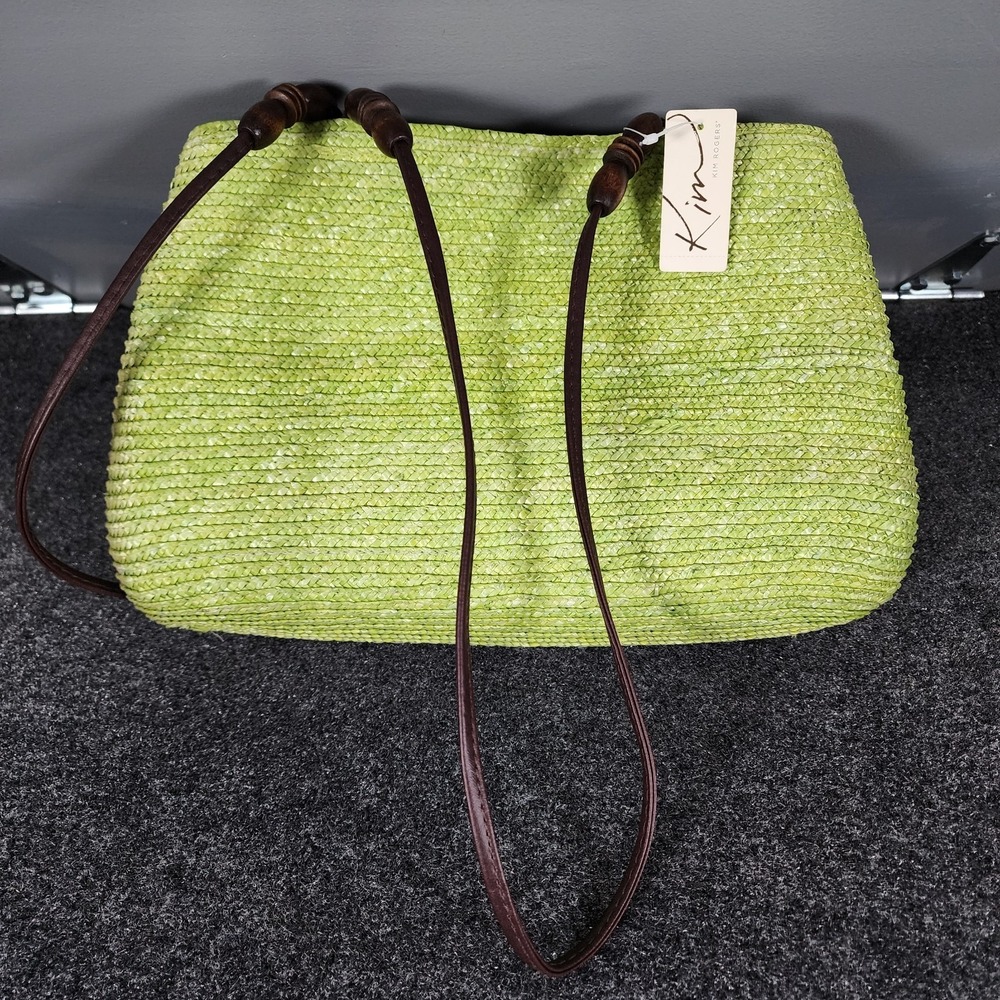 NWT Kim Rogers Green Woven Straw Handbag Wood Bamboo Straps